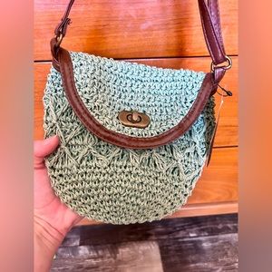 NWT sage Green wicker small straw crossbody purse with brown faux leather trim